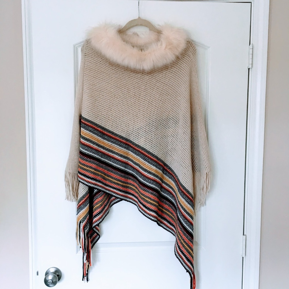 Crocheted Fur Collar Poncho